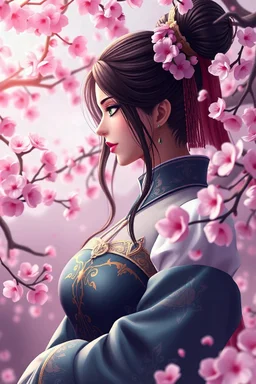 Make a gaming profile picture no faces with a cool background with cherry blossoms. with a royal woman