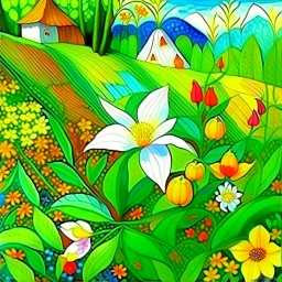 beautiful spring patchwork in the style of Raymond Briggs, Laurel Burch, Randolph Caldecott, Picasso. Modifiers: extremely detailed fantasy oil on canvas very attractive imperial colors fantastic view 4K 3D focused