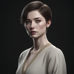 ((young woman pale skin)), dark background, mid shot, full body, neutral expression, short hair, ultra realistic, highres, superb, 8k wallpaper, extremely detailed, intricate, limited palette,