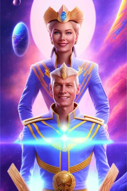 young cosmic woman admiral from the future, one fine whole face, large cosmic forehead, crystalline skin, expressive blue eyes, blue hair, smiling lips, very nice smile, costume pleiadian,rainbow ufo Beautiful tall woman pleiadian Galactic commander, ship, perfect datailed golden galactic suit, high rank, long blond hair, hand whit five perfect detailed finger, amazing big blue eyes, smilling mouth, high drfinition lips, cosmic happiness, bright colors, blue, pink, gold, jewels, realistic, real