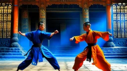 An image of two wushu fighters fighting in a black, orange, and blue color scheme in a unique, ancient setting.