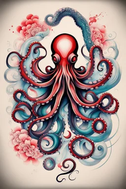 Create a captivating modern 2d colorfull ink tattoo design for print , prestigious (Japanese Octopus) using the elegant influences of japan art style, for print, dynamic elements from fashion and design, and bold Japanese contemporary art aesthetics, framing centered in the center, distanced from the edges of the paper perimeter, perfect anatomy, bauhaus, Divine Proportion,