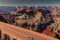 A Tesla 'Model S' is going at a high speed, in the 'Grand Canyon National Park'. (CINEMATIC, WIDE ANGLE LENS, PHOTO REAL)