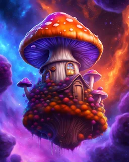 A lonely floating island mushroom house in space. orange blue purple, deep space nebulas. Detailed gloss Painting, bright color, fantastical, intricate detail, splash screen, hyperdetailed, insane depth, concept art, 8k resolution, trending on Artstation, Unreal Engine 5, color depth, backlit, splash art, dramatic, High Quality Whimsical Fun Imaginative, good composition