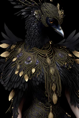 Beautiful Crow lady humanoid bird full body front wiev portrait with open wings extremely detailed and textured feathers ribbed with árt Nouveau floral embossed filigree Golden chain effect miniature lack shiny diamonds wearing árt Nouveau style filigree feathered costume and black diamond diadem and jewelry organic bio spinal ribbed detail of full body hyperrealistic intricate detailed of full body bird portrait