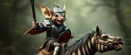 Close up on mouse. Horse jumping over a mote. Background blur. Fast Chase. The Large Gremlin with knights metal full armor, chest plate, leather in the back, helmet, and small sword and a red shield, smiling wide with white teeth, and sitting atop a weird striped horse, in the Style of Rembrandt and Fallout 4(Fantastical Mouse/Rat Gremlin Count) This creature blends realism with fantasy, appearing as a mythical forest dweller