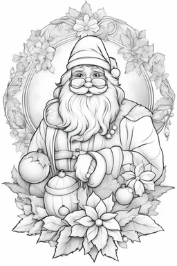 outline art for cute Christmas coloring pages with Santa Claus and Christmas Ornaments, white background, skitch style, full body, only use outline, mandala style, clean line art, white background, no shadows and clean and well outline