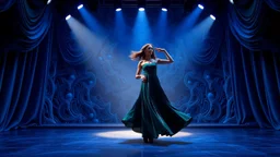 modern stage with gray-blue theme artistic decoration , color full dynamic lighting, a beautiful lady in modern maxy dark dark green dress with shining silver jwells dancing, 3D recursive fractal structure animating background