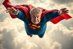 a thoroughly confused, frail, elderly and obese donald trump flying through the air dressed as superman