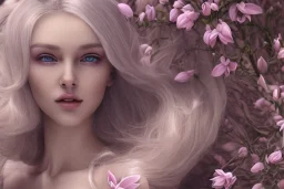 femme long cheveux blond blancs grands yeux bleus , 8k resolution, flower magnolia lotus rose, beautiful portrait, 8k resolution, flower head and body, beautiful star