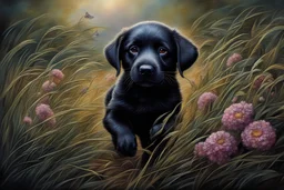 A happy black Labrador puppy bounding through long grass and flowers professional award winning oil on canvas Atmospheric extremely detailed Josephine Wall digital art Atmospheric extremely detailed