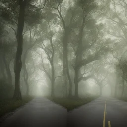 long road in the middle of the forest, with fog, cloudy day with rain, distant old church