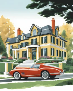 Architectural drawing of a luxurious modern two-story country house, trees, people and cars, complementary colors