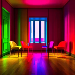 There are six chairs in the room, each measuring 1.6 meters. The room is brightly lit and filled with lively colors. The style of the room is contemporary and minimalist. The lighting setup uses Split Lighting technique, casting intriguing shadows. The view of the room is from the front, allowing a comprehensive perspective. The description is presented in a fast-paced manner, emphasizing the energetic atmosphere. The room's wallpaper adds an additional layer of visual interest
