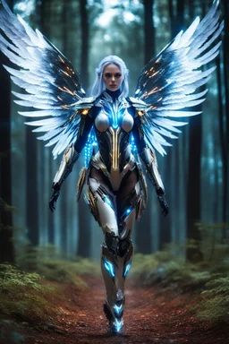 Front View night photography Beautiful Angel woman cyborg cybernetic, warframe armor, straddle wings in Magical Forest full of lights colors, Photography Art Photoshoot Art Cinematic Soft Blur Colors - on Running Dramatic Pose