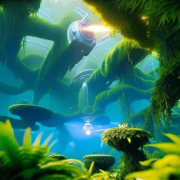 volumetric jungle vines environment, chris foss style painting, hovercraft, highly detailed