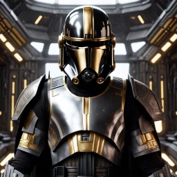 star wars bald male corellian pilot wearing pearlescent black and gunmetal grey First Order special forces heavy assault armor and helmet with gold trim inside the jedi temple, centered portrait, hyperdetailed, dynamic lighting, hyperdetailed background, 8k resolution, volumetric lighting, light skin, fully symmetric details