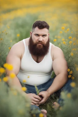 full figure photography, shy muscular big fat chubby, 35mm lens, burly italian man short hair, 29years old sitting in the meadow with a flower in a hand, near a big farm , red short beard, , hairy armpits, manly armpits, ugly, manly chest, hairy chest, big shoulders, , huge belly, manly chest, shirtless, with boxer, emotive eyes looking at camera, photorealistic ,sunlight , ambient occlusion, side view, poetic composition, golden ratio