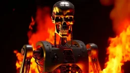 4k ultra details maximum. Logo emission radio metal. Un Terminator sans peau anime une émission de radio entouré de flammes