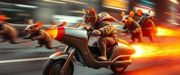 hi speed rocket ship on leaning scooter in a swing, coated cat captain in high speed pursuit among neon rat cyber soldiers, with background motion blur