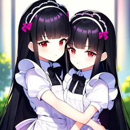 Clear focus, 8k, beautiful lighting, vibrant colors, girl, black hair, long hair, red eyes, loli, maid, twins,