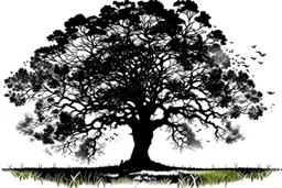 silhouette white background of beatuful scenic picture tree of life in meadow english countryside from a distance scenery painting