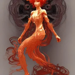 character render a goddess of fire, intricate, flowy, volcanic ash, lava, smoke, intangiable, hair made of fire, Character concept by yoshitaka amano, herbert arnould olivier, alphonse mucha, Akihiko Yoshida, Hyung-tae Kim, alexander mcqueen. trending on Artstation