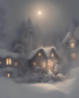 В доме Рождество, очень красивые сказочные существа... Они смотрят в окно, за которым много снега, ночь, звёзды и луна...