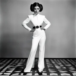 a standing revealing full body black and white photoshoot Princess Leia with her Star Puffs hairstyle by Helmut Newton, typical for the provocative style of Newton