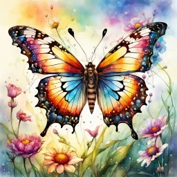 Digital watercolor illustration, beautiful colorful highly detailed butterfly, landing on a bloom of a beautiful dew filled flower, fantasyscape sunrise, by Waterhouse, Carne Griffiths, Minjae Lee, Os Gemeos, Stylized watercolor art, Intricate, Complex contrast, HDR, Sharp, soft Cinematic Volumetric lighting, deep vibrant lush luminous colors, perfect masterpiece