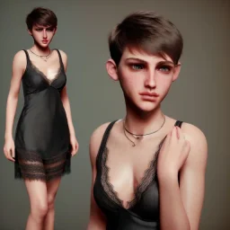 Realistic photo short hair boyish boylike (boyish face) beautiful cleavage lace neckline short haircut thin waist wide hips lacy nightgown amulet of black magic muslim