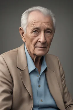 Full Color image, 8k, Ultra-HD, hyper realistic, Photorealistic, focused, fine detail, professional photo, beautiful -- head to shoulder pose, 80-year-old Harold Kendall sitting facing almost forward, thin, bowl-cut, gray hair, short mustache, clean shaven chin, medium build, tan leather jacket with wide collar, light blue button up shirt, Blue Jeans, black tennis shoes