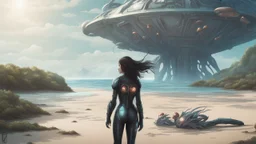 A Long-Haired Woman In A Robotic-Looking Catsuit Standing On A Beach, With Flying Mushrooms with Jellyfish Tentacles, and a crashed Spaceship lying in the water, and a Forest in the distance