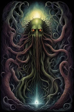 Yog sothoth Lovecraftian horror judging the damned, by Justin Gerard and Anato Finnstark and Ian Miller, smooth horror art, sharp textures, alcohol oil painting, expansive, dark colors, vivid Eldritch imagery, elusive nightmare, distressing hues, Gerard's distinctive visceral style, detailed line work, rich sharp colors