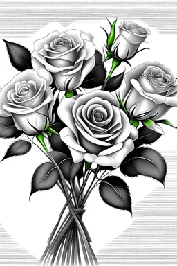 hight definition bouquet roses greyscale, white background, hight contrast, ready to vectorise with long stem full view