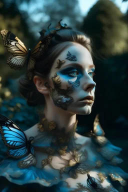 Black baroque light blue gradient butterfly dress ona woman portrait, baroque style, garden background golden organic bio spinal ribbed detail of dust makeup on face extremly textured hyperrealistic maximálist ornate conceptart