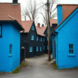 Fotografia di strada assurda e falsa orripilante blu weirdcore dai colori vivaci. Noe. Non luogo falso, inusuale. Max Ernst. Le case sono false e dipinte di nero chiaro con cose stilizzate e dettagli. Ci sono finestrelle false quadrate, che danno un senso distopico e molto surreale, disposte in modo casuale. L'atmosfera generale sembra noiosa e onirica, con un contrasto tra elementi reali ed elementi dipinti falsi, René Magritte, oddest things