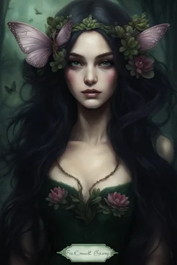 Frogs Water lilies Dark burgundy red long hair Dark Fairy princess rapunzel hair queen crown butterflies dragonflies fireflies elven tiara flowers fairy wings emerald moss