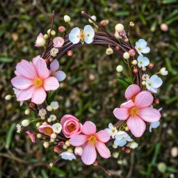 A hyper-realistic photograph of spring flowers and willow branches arranged in a wreath, top view composition, natural and soft mood, photorealistic style, macro photography, nature background, diffused natural lighting, pastel and fresh tones, ultra high resolution --ar 16:9