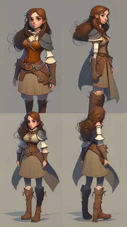 turnaround character of a girl, brown hair, she wears fantasy medieval clothes, she is slim, full body with boots