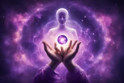 kundalini, connected to the universe, purple galaxy, soul holding few universes in hands