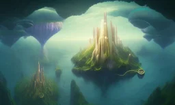 floating islands with waterfalls connecting each other whimsical surrealism, based on child's drawing, lsd trip, dream recording, deep - space imaging fantastical setting isometric view octane render, art by salvador dali, greg rutkowski studio ghibli