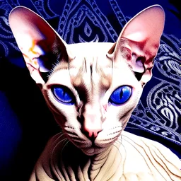 art by Boris Kostygov, intricate detailed Sphynx siamese cat with blue eyes