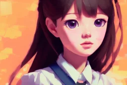 a young, cute, adorable school girl, ((baroque oil painting)), (((anime character concept art))), trending on pixiv fanbox, (rule of thirds), (golden ratio), (detail acrylic palette knife), (((in the style of greg manchess)))