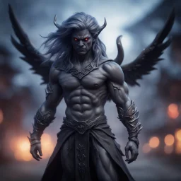 ninja dark elf grey angel nephilim vampire with muscles and big wig, Guiding souls through twilight, where the shadows flee In this realm of aftermath, phantoms softly tread Following the will-o-wisp, where the lost are led ,bokeh like f/0.8, tilt-shift lens 8k, high detail, smooth render, down-light, unreal engine