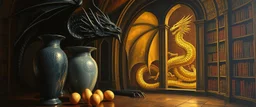 master oil painting by Escher and Giger, glaring vases and black humanoid reflective dragon and hidden golden dragon inside library, cryptic eggs, sacred geometry