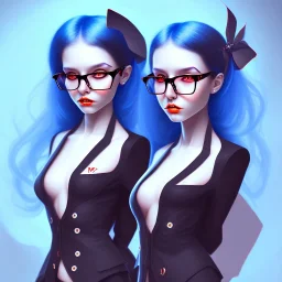 demon with black hair and blue bow short glasses girl