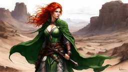 (sks woman:1), rogue, desert, redhead, green eyes, (ink sketch by Adrian Smith , methurlant) fantasy, DnD, surreal, high contrast, (masterpiece, best quality:1.3), methurlant,