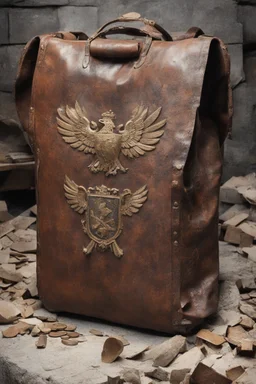 in the BASEMENT there is an old, broken brown oblong leather chest with short handles, from which gold coins from the time of Catherine the Great fall out. The ancient coat of arms of tsarist Russia, the double-headed eagle, is BARELY VISIBLE on the bag. There are a lot of broken bricks and earth around the bag. All in high quality 8K