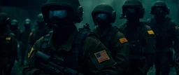 War Film but instead of U.S.A. soldiers it's McDonalds soldiers, Cocola Brand Military Drones, cinematic, Fuji Film, Anamorphic lens, 2040s, deep depth of field, in a Cyber punk WW3 film